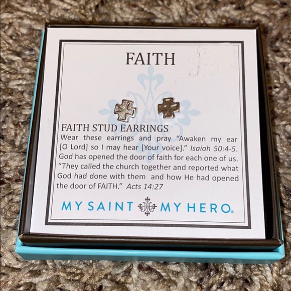 My Saint my Hero Faith stud earrings. NWOT - Picture 2 of 3